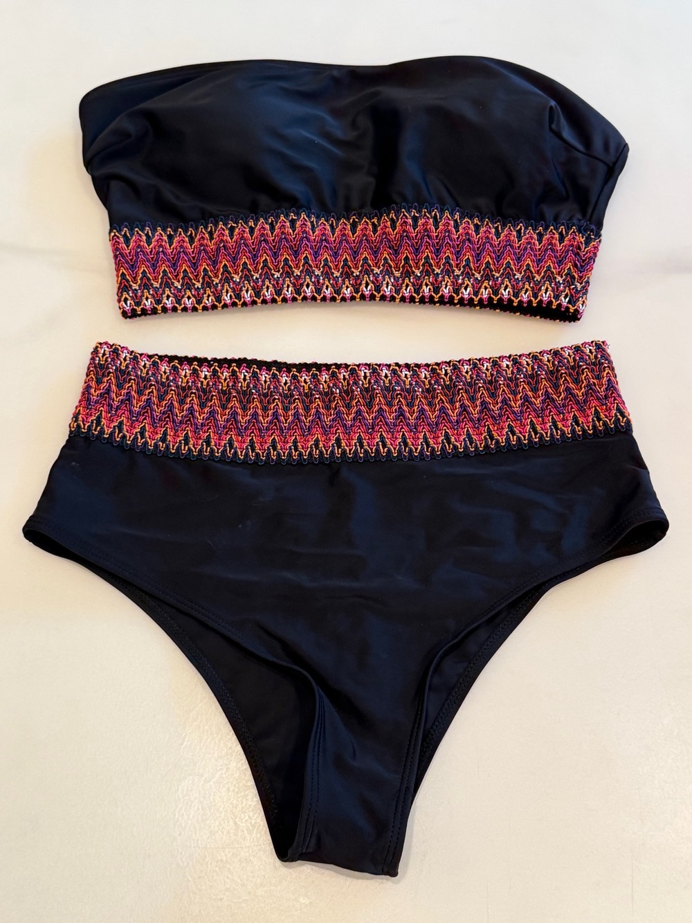 Black Bandeau Two-Piece Bikini with Multicolor Zigzag Trim